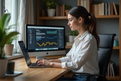Femme en bureau moderne travaillant sur un ordinateur portable