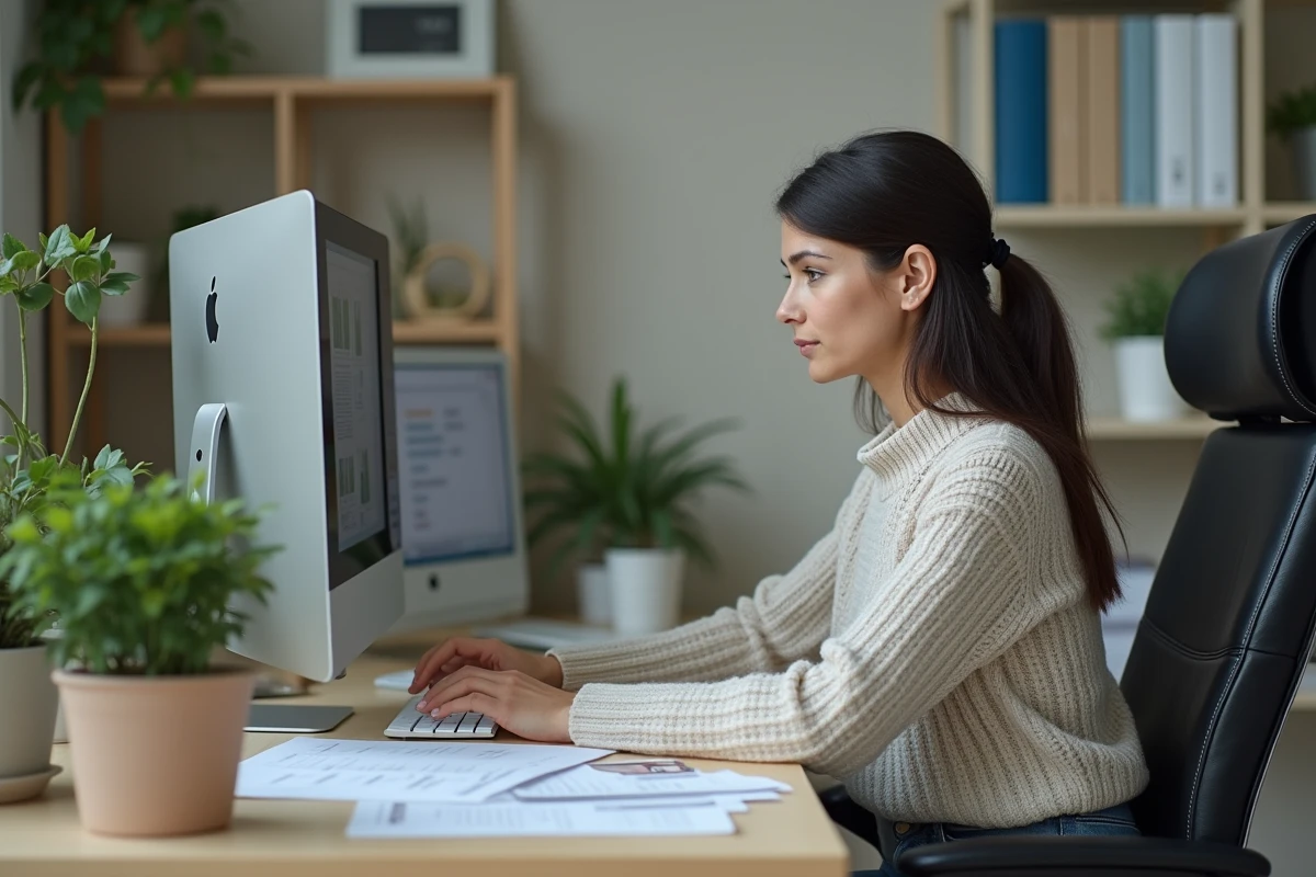 Femme d affaires seule examinant des rapports au bureau