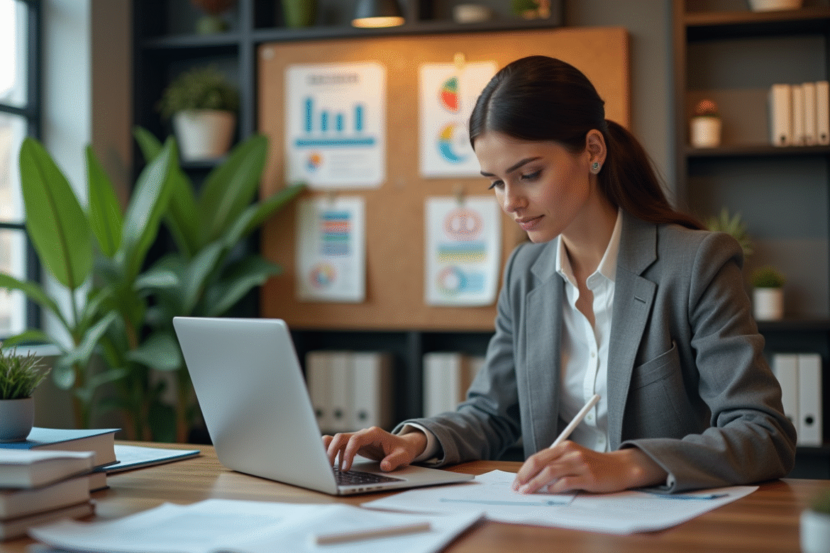 Jeune femme au bureau avec notes et tableau SEO