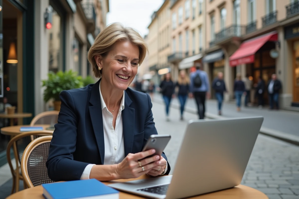 Femme souriante utilise son Sony phone au café
