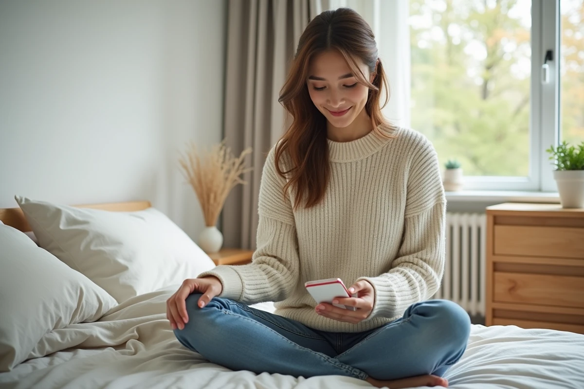 Femme paisible posant son téléphone sur la table de nuit