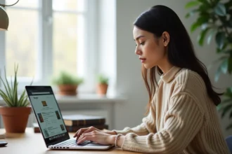 Femme utilisant Google Chrome sur un ordinateur portable dans un bureau à domicile moderne, sans avoir besoin d'actualiser la page