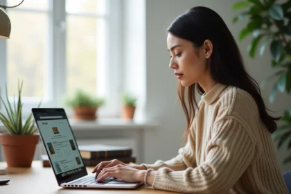 Femme utilisant Google Chrome sur un ordinateur portable dans un bureau à domicile moderne, sans avoir besoin d'actualiser la page
