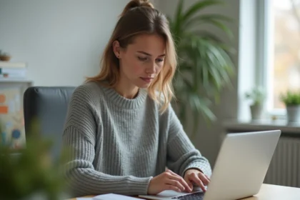 Jeune femme tapant sur un clavier d'ordinateur portable en cherchant comment mettre des lettres en majuscule sans touche Maj