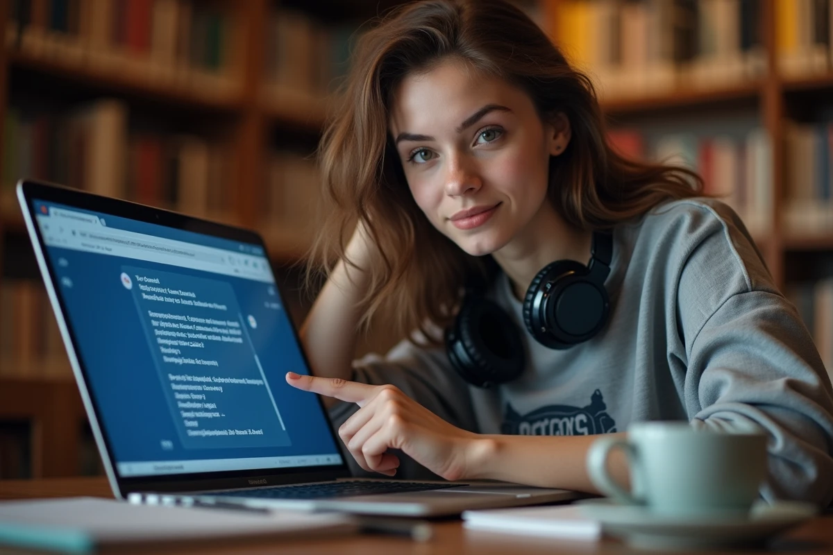 Jeune femme pointant vers une interface Discord sur un ordinateur portable montrant le formatage en italique dans un serveur de jeu