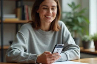 Femme consultant son espace client Réglo Mobile sur smartphone depuis son bureau à domicile