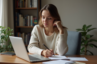 Jeune femme étudie le SEO sur son ordinateur à domicile