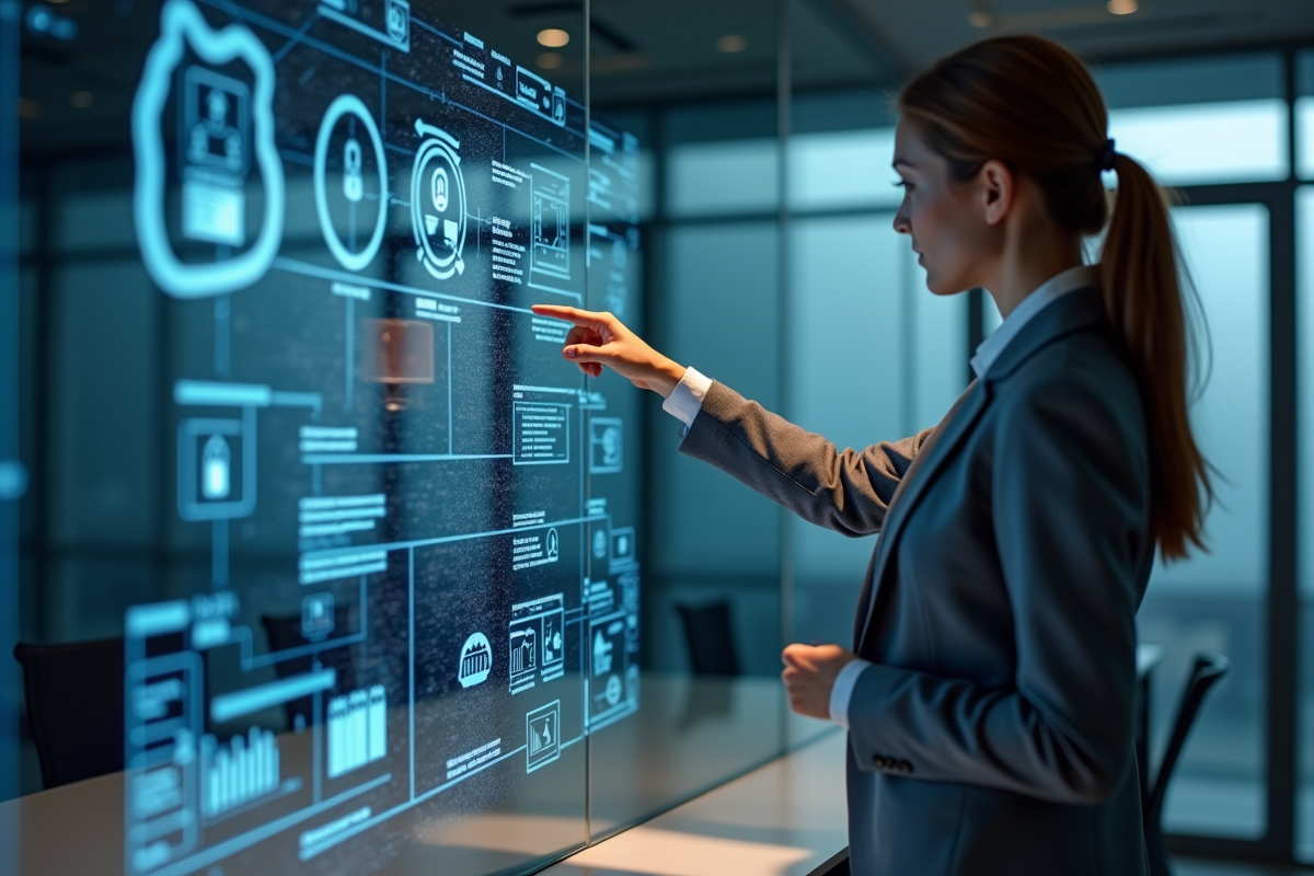 Femme analysant un diagramme réseau sur un écran tactile en salle de réunion