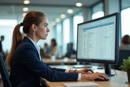 Femme en blazer marine utilisant Excel pour supprimer des doublons avec une formule dans un bureau moderne
