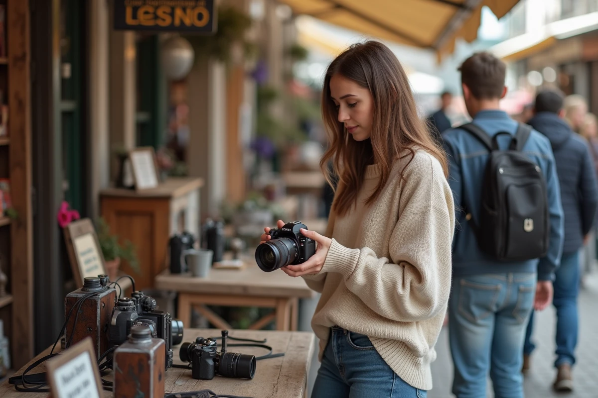 Jeune femme parle avec un acheteur au marché avec une caméra Sony Rexon 2026
