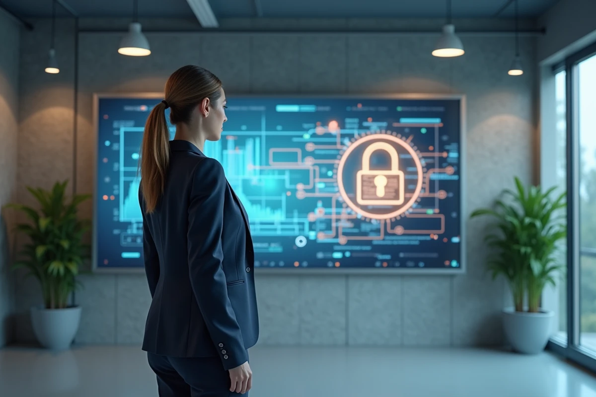 Femme en entreprise utilisant un grand ecran tactile pour la securite