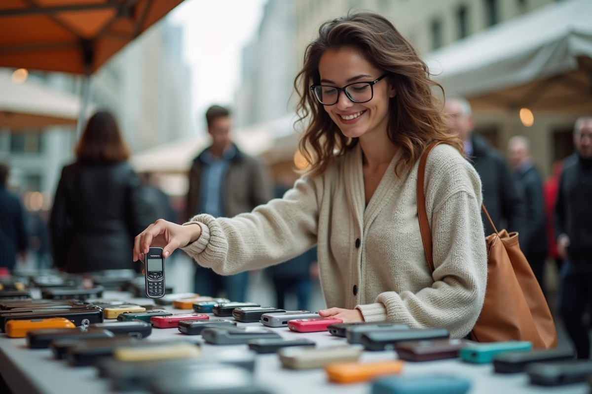 Femme découvrant des téléphones Sony Ericsson au marché en plein air