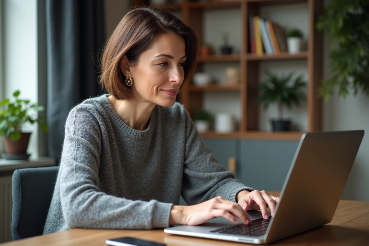 Femme d'âge moyen utilisant un ordinateur accessible à domicile