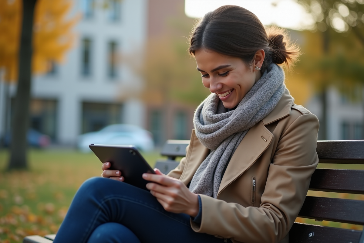 Jeune femme utilisant une tablette dans un parc avec VPN