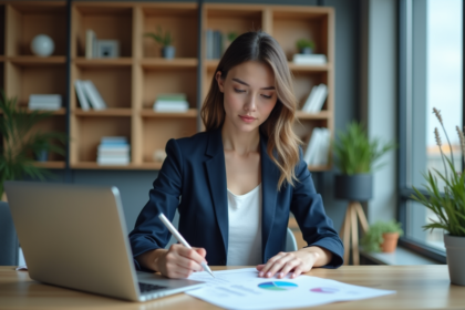 Jeune femme en blazer recherche des mots clés SEO