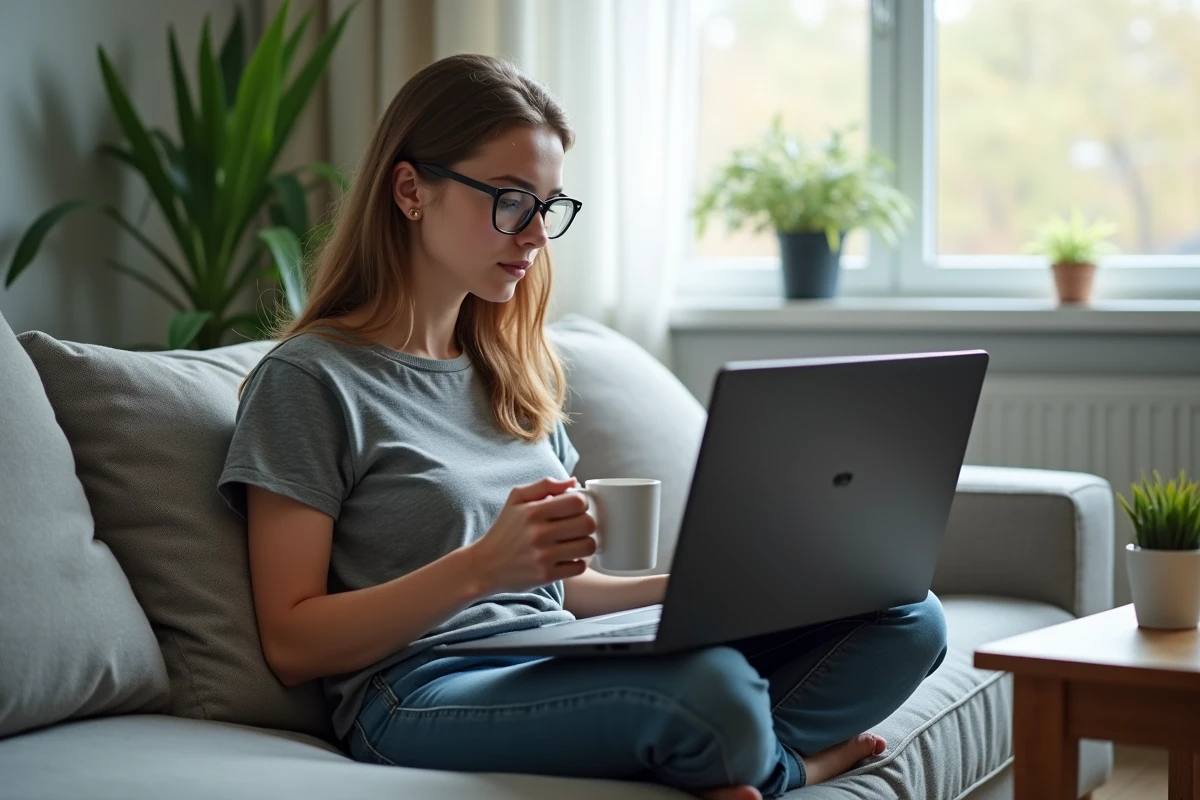 Femme avec lunettes cherchant à résoudre une erreur d'installation de jeu sur laptop dans un salon moderne