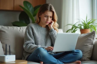 Jeune femme frustrée devant son ordinateur portable dans un salon