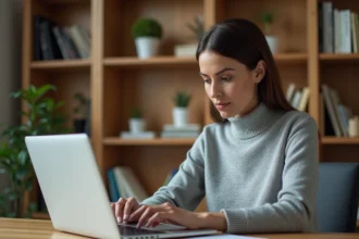 Femme concentrée devant un document Word avec une page blanche visible sur l'écran d'un ordinateur portable