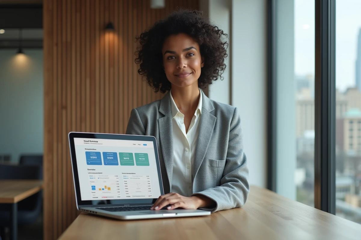 Femme professionnelle consultant un tableau de bord de tarification IA à paliers dans un espace de coworking