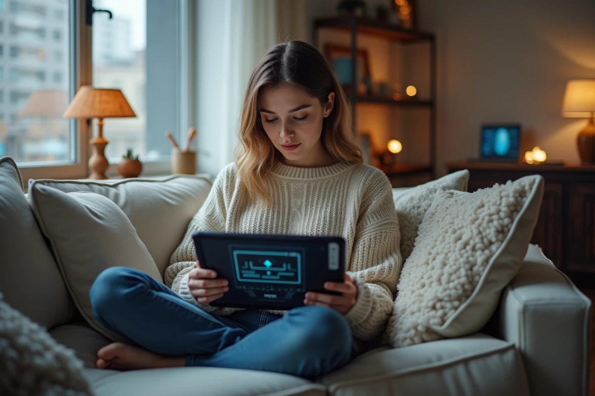 Jeune femme lisant une tablette dans un salon urbain cosy