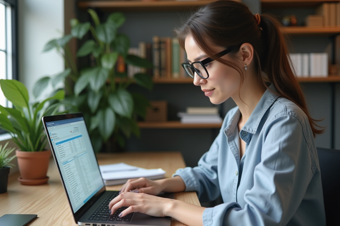 Jeune femme concentrée travaillant sur un ordinateur dans un bureau moderne