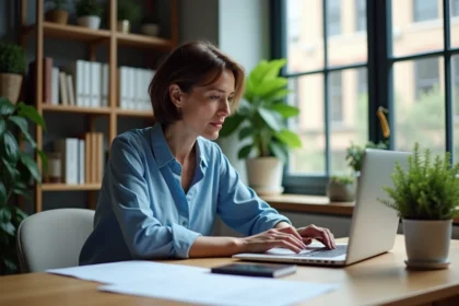 Femme d'âge moyen travaillant sur son ordinateur dans un bureau moderne