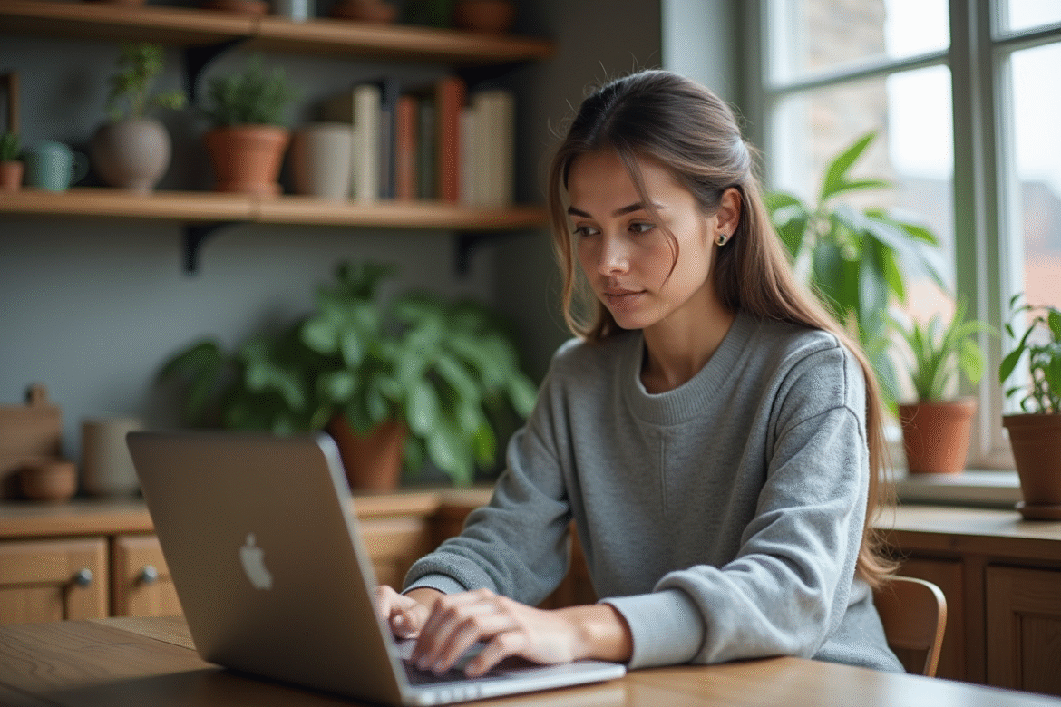 Jeune femme travaillant sur un ordinateur portable dans la cuisine