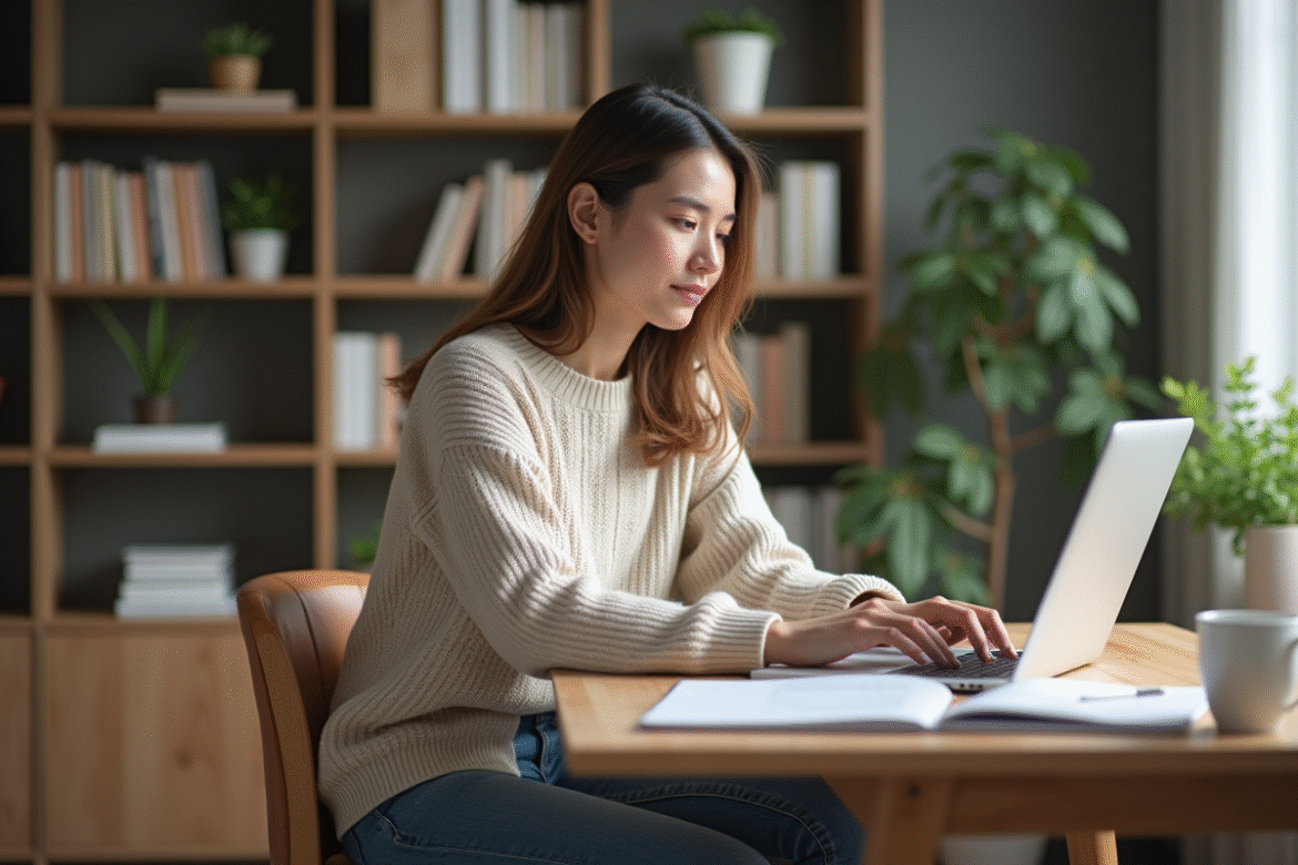 Jeune femme travaillant sur son ordinateur à la maison