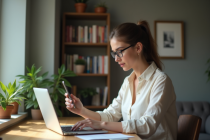 Jeune femme en télétravail avec smartphone et ordinateur
