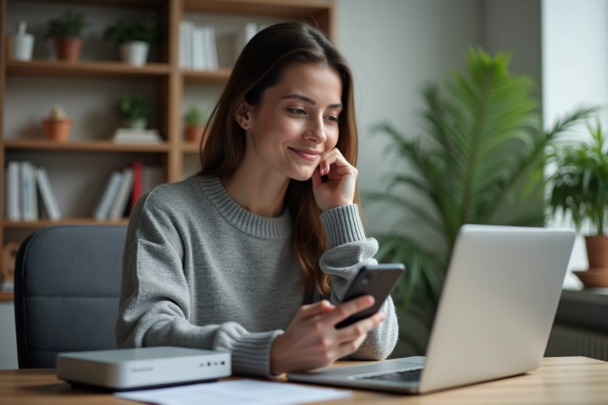 Femme en intérieur consultant un diagramme de Freebox