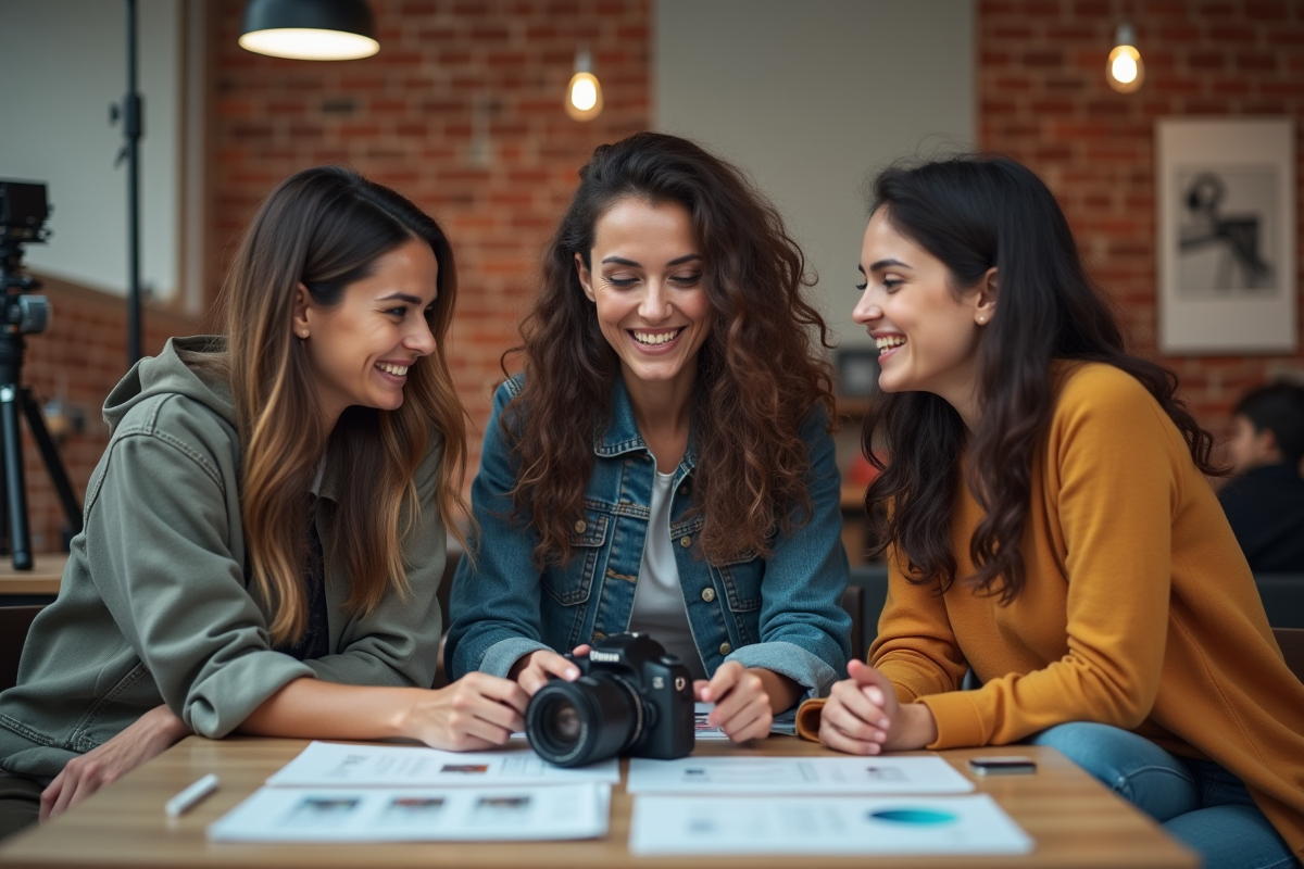 Trois femmes discutant autour d un appareil photo dans un studio créatif