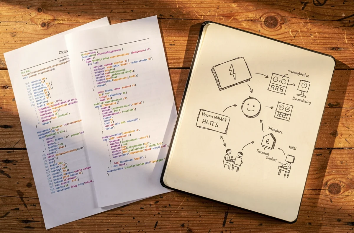 Feuilles de code et schémas posés sur une table de travail