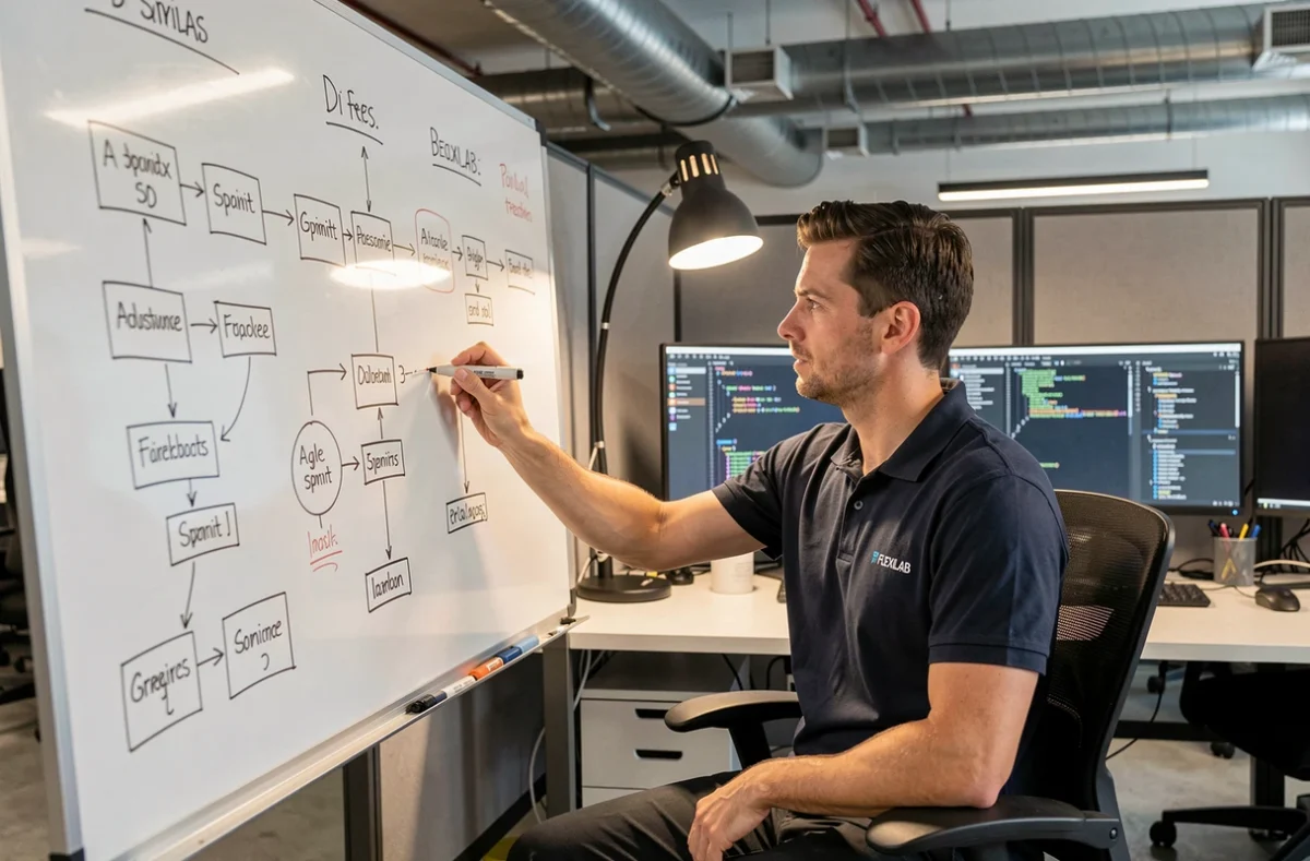 Ingénieur de FLEXILAB annotant des diagrammes agiles sur un tableau blanc dans un espace de travail modulable