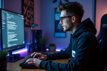 Jeune gamer tapant sur un clavier mécanique avec l'interface Discord affichant du texte en italique sur l'écran