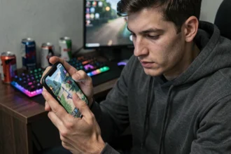 Jeune homme jouant à un jeu mobile sur Samsung Galaxy S23 dans une chambre gaming avec setup rétroéclairé