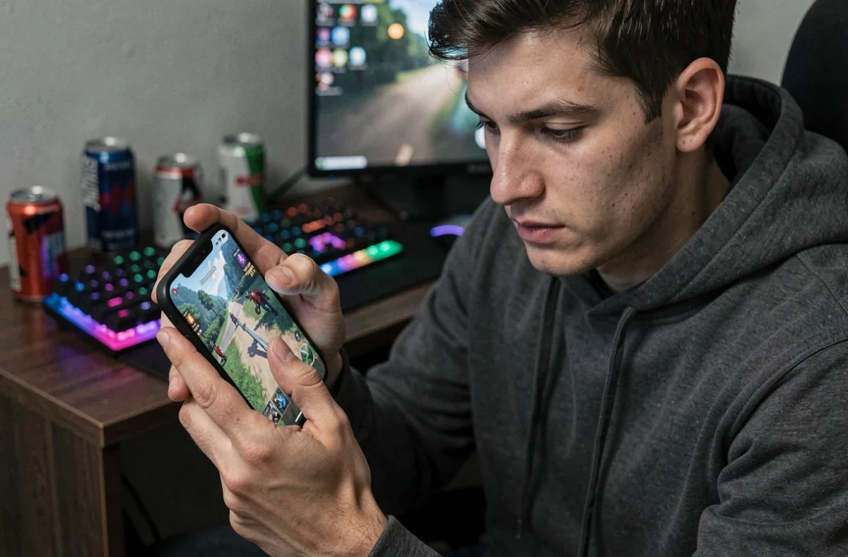 Jeune homme jouant à un jeu mobile sur Samsung Galaxy S23 dans une chambre gaming avec setup rétroéclairé