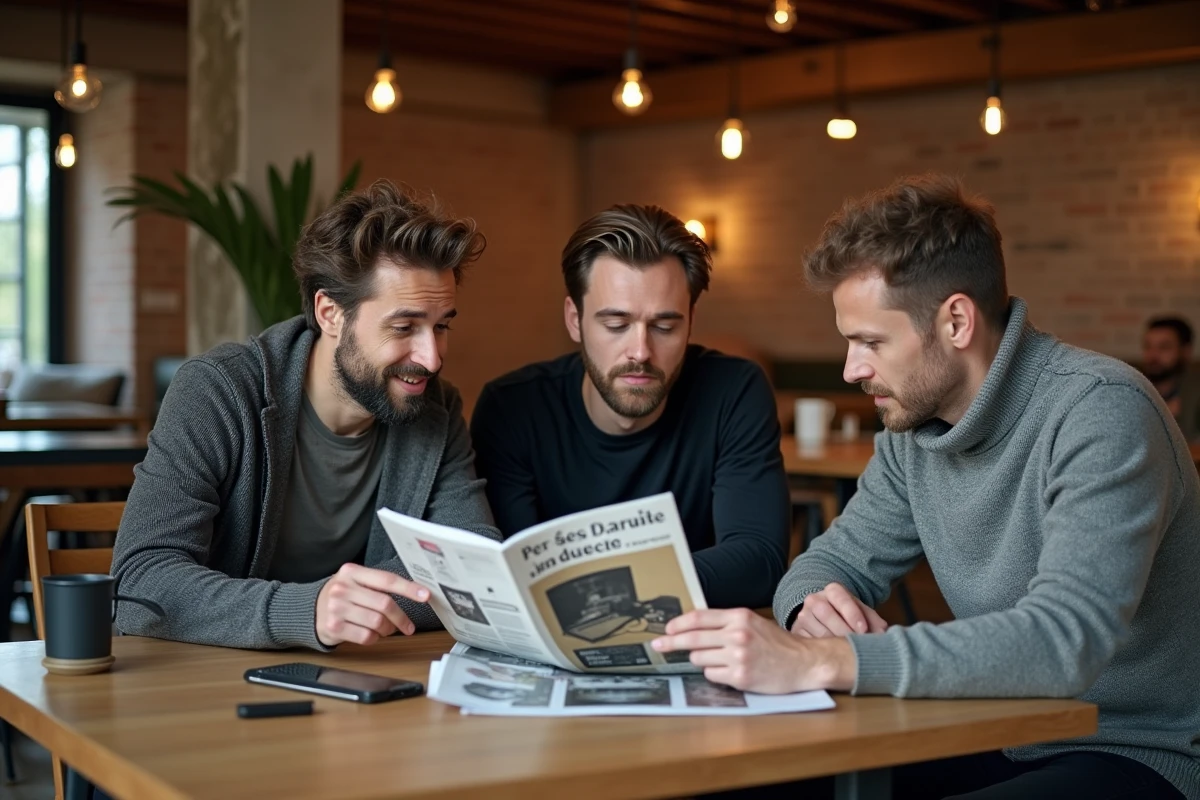Groupe de passionnés informatique discutant d'un ancien magazine PC Expert et de ses équivalents numériques dans un café