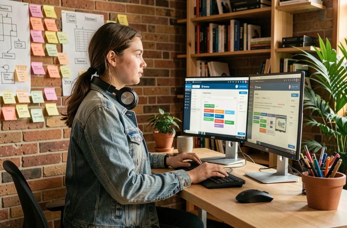 Développeuse de Globalis travaillant sur une solution digitale sur mesure dans un studio d'agence créative parisienne