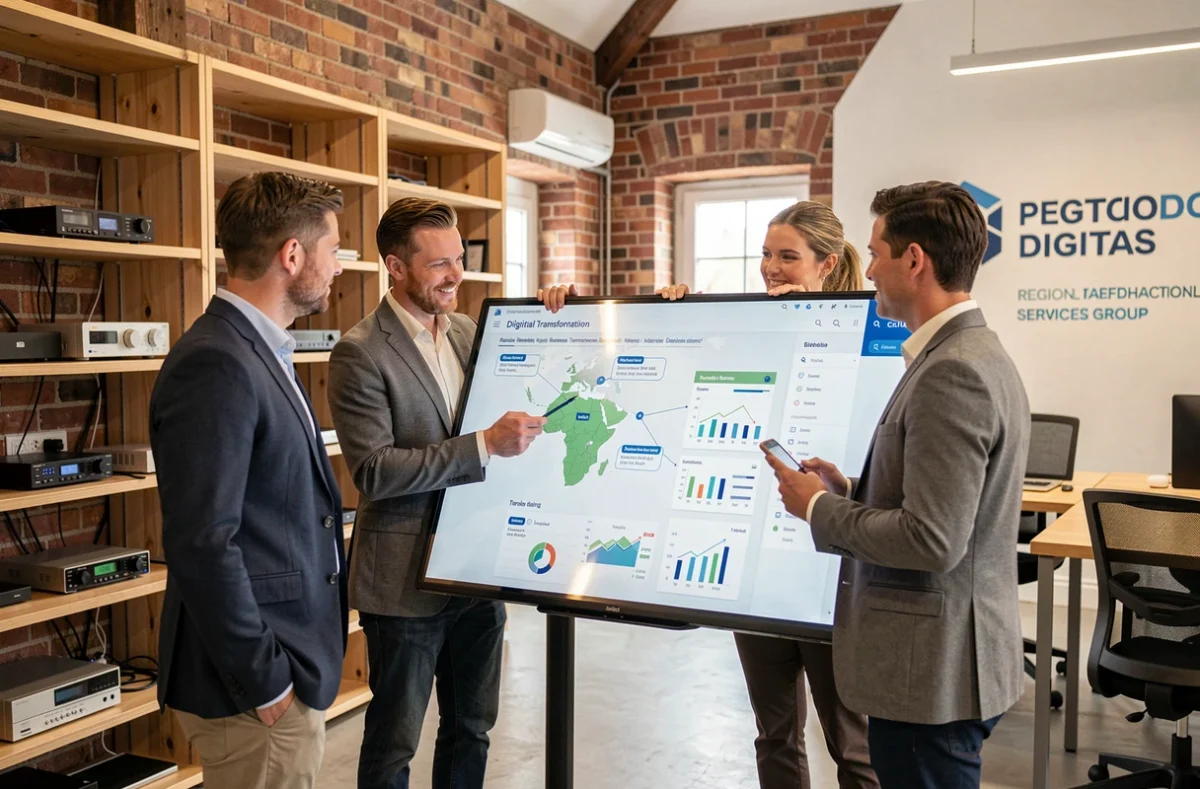 Équipe de consultants en transformation numérique analysant une feuille de route digitale sur un écran interactif dans un bureau breton, représentant Grenat Groupe