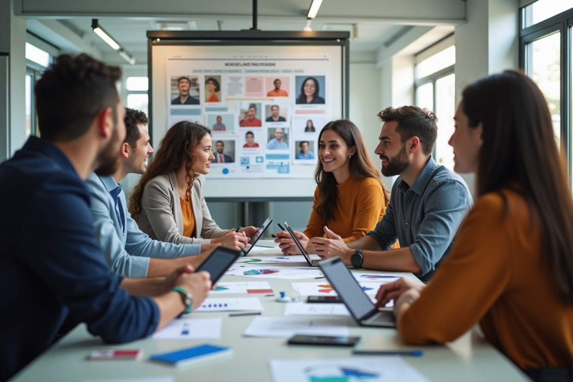 Groupe de professionnels marketing autour de mood boards et table moderne