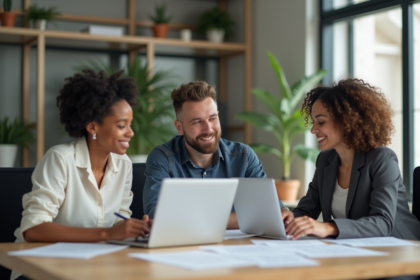 Groupe de trois adultes en réunion de travail en bureau