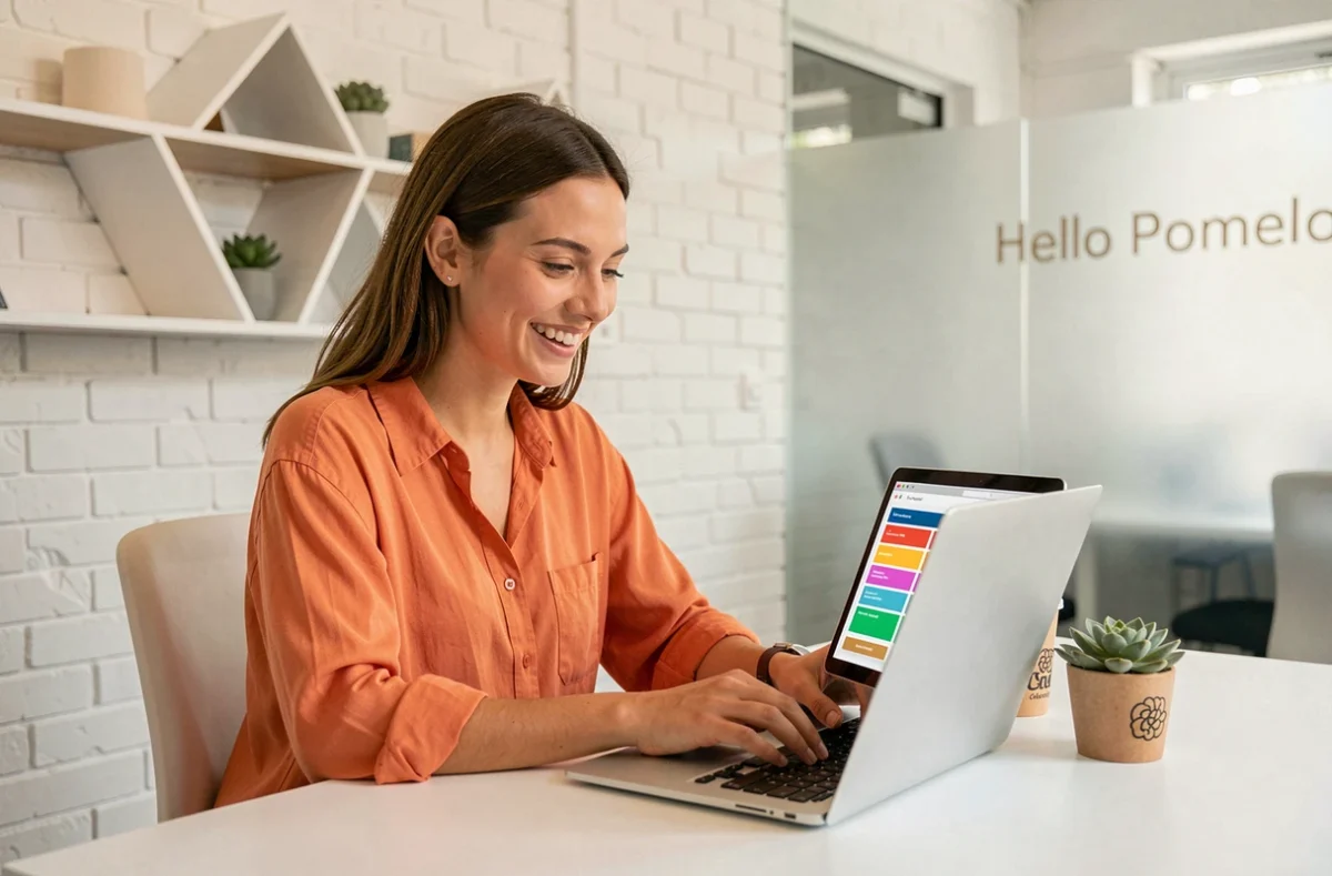 Développeuse de Hello Pomelo travaillant sur une interface utilisateur colorée dans un espace de coworking moderne