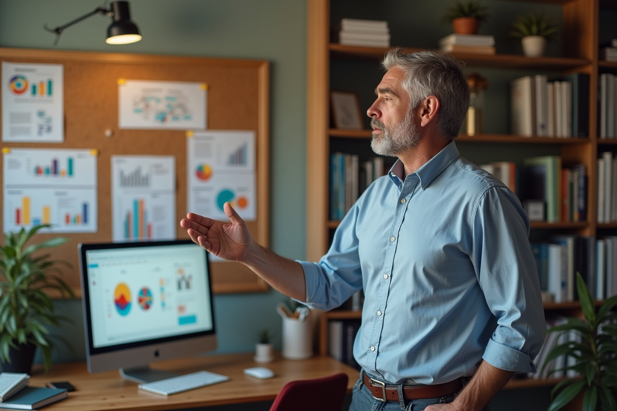 Homme expliquant des stratégies SEO avec graphiques
