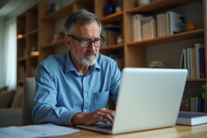 Homme d'âge moyen au bureau regardant un ordinateur avec erreur webmail