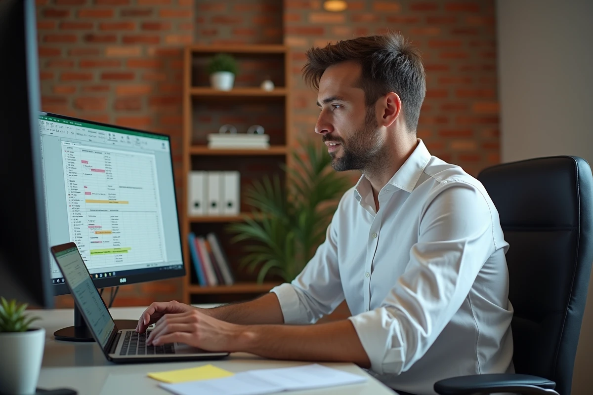 Homme travaillant sur Excel depuis un bureau à domicile en saisissant une formule pour éliminer les doublons