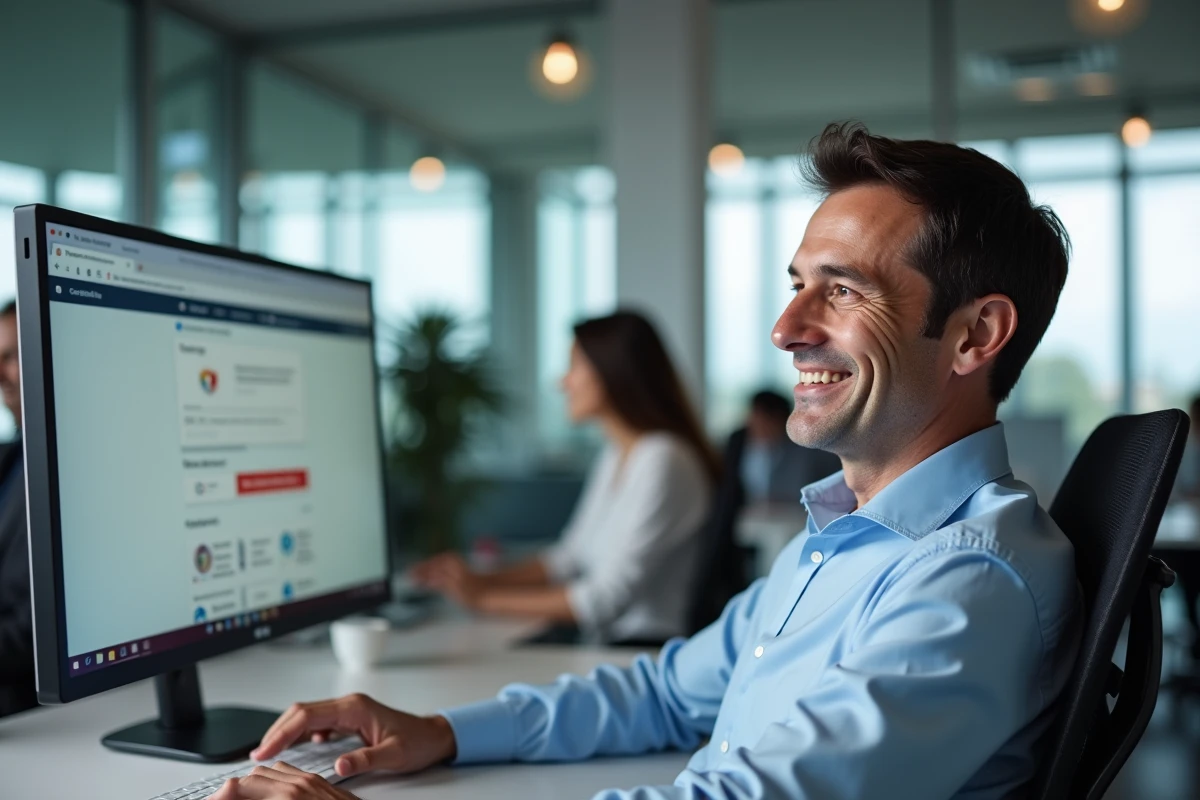 Homme en bureau open space regardant Google Chrome sur un grand écran sans actualiser les onglets