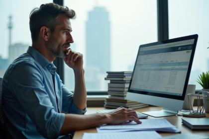 Homme d'âge moyen travaillant sur un ordinateur dans un bureau moderne