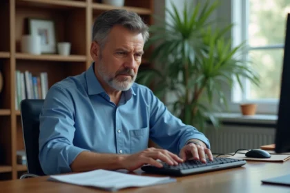 Homme d'âge moyen au bureau utilisant une souris filaire