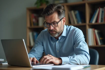 Homme d'affaires concentré sur son ordinateur dans un bureau moderne