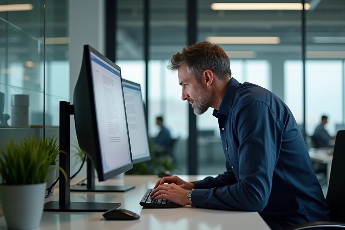 Homme en bureau ouvert travaillant sur un document Word affichant les sauts de section en mode édition